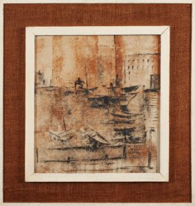 373 EBEN LIEBENBERG - Abstract ships in harbor 35 x 32 cm Hessian