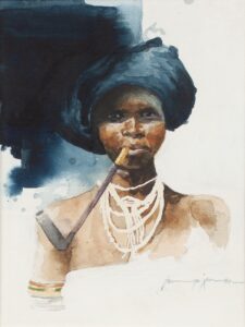 380 TANYA JANSEN - African woman with blue hat 27 x 20 cm Watercolors_1