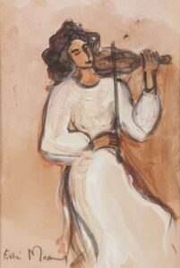 383 ESTE MOSTERT - Woman playing violin 25 x 17 cm Mixed medium _1