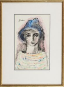 387 BUCHNER - Woman with blue hat 42 x 27 cm Mixed media