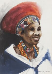 422 TANYA JANSEN - African woman red head dressing 41 x 29 cm Mixed medium_1