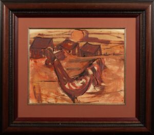 430 FRANS CLAERHOUT - Rooster and houses 61 x 48 cm Mixed medium