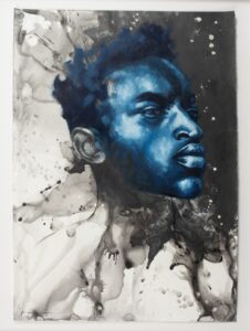 434 TANYA JANSEN - African man blue face 100 x 70 cm Mixed medium
