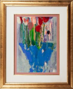 435 ROBIN MANN - Red roses in blue vase 73 x 53 cm Mixed medium