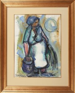 436 FRANS CLAERHOUT - Mother cooking in blue 77 x 57 cm Mixed medium
