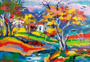 440 ISABEL LE ROUX - River running through trees 98 x 68 cm Acrylic and Oil