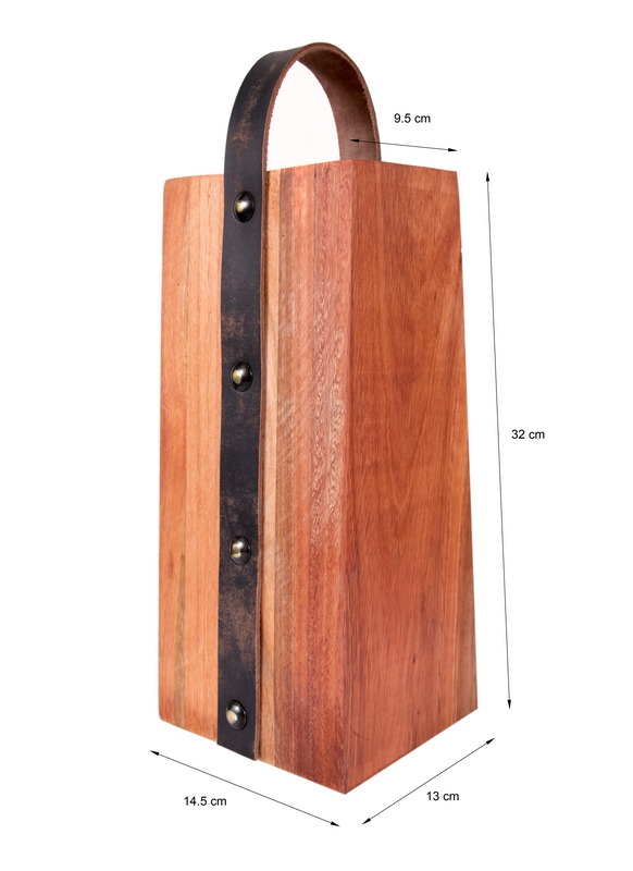 Wooden doorstop with black leather strap and measurementst_product photographer